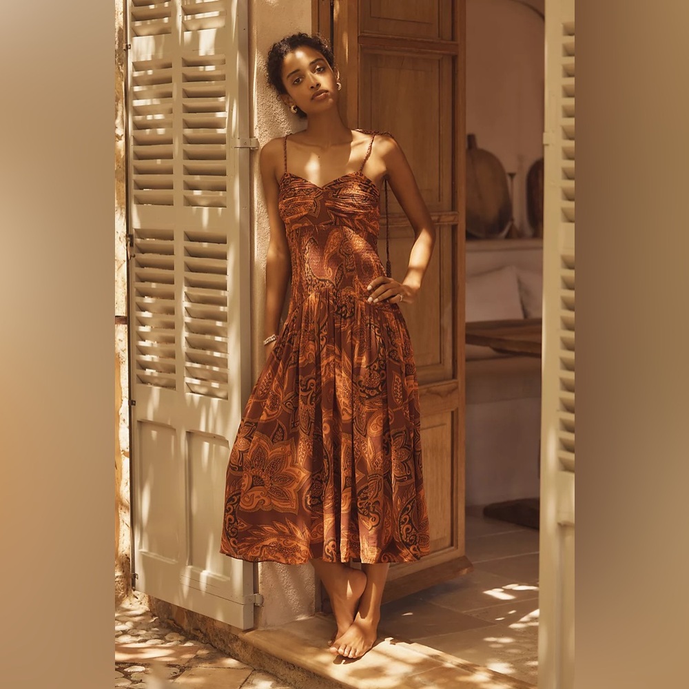 EUC Farm Rio x Anthropologie Drop-Waist Printed Midi Dress